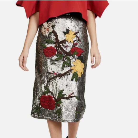Alice + Olivia Ella Embellished Sequin Floral Midi Skirt S $795 - Picture 3 of 15